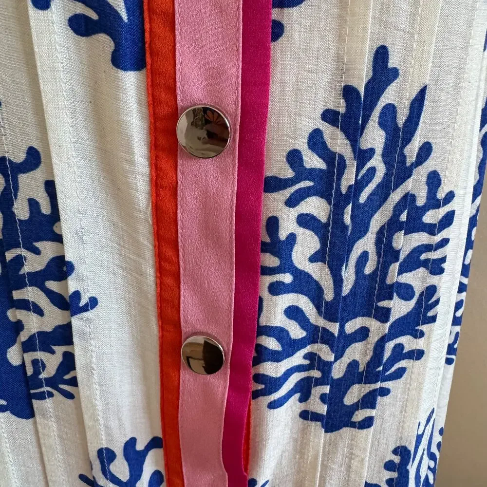 THML White Blue Coral Print Sleeveless Pleated Buttom Mini Dress Pink Trim NWT-M - Picture 3 of 10